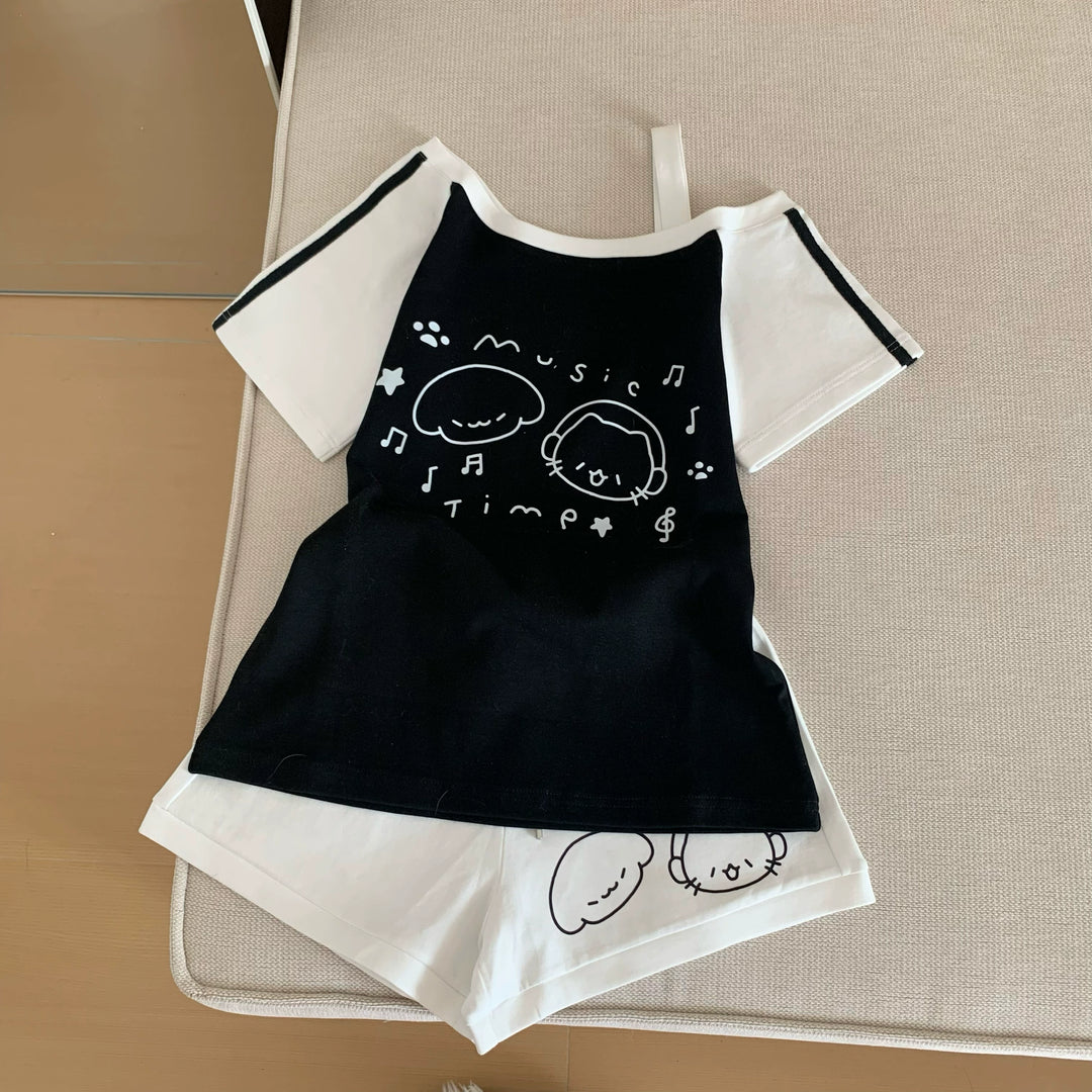 Kawaii Summer Music Time Printed T-shirt, Shorts With Pockets (L M S) 42904:757282