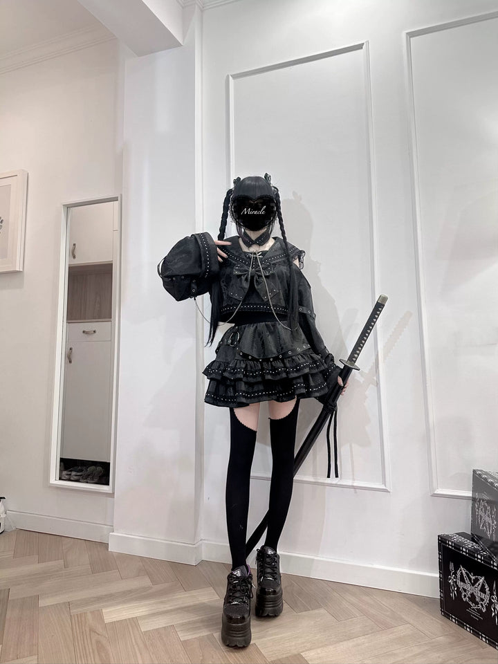 Subculture Black Top & Skirt Set, Snakeskin-Like Style 44771:827688