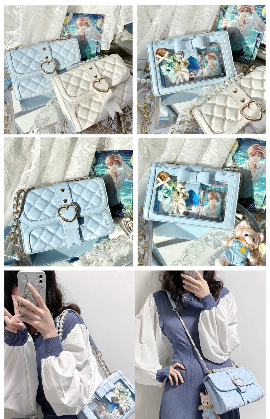 Kawaii Ita Bag Bow Rhombus Grid Shoulder Bag Multicolor 21906:349716