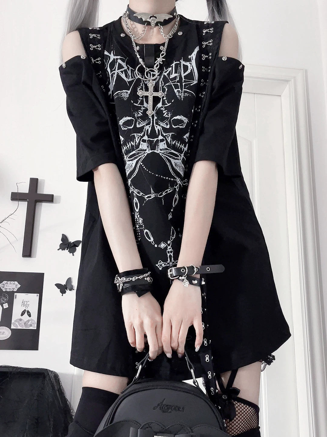 Open-Shoulder Subculture Cotton T-Shirt 43872:789424