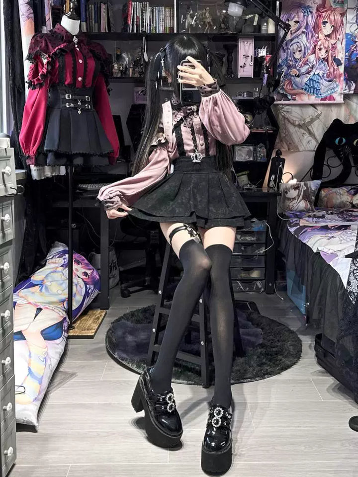 Jirai Kei Blouse, Lace Open Shoulder, Dolka Dots 34044:486414