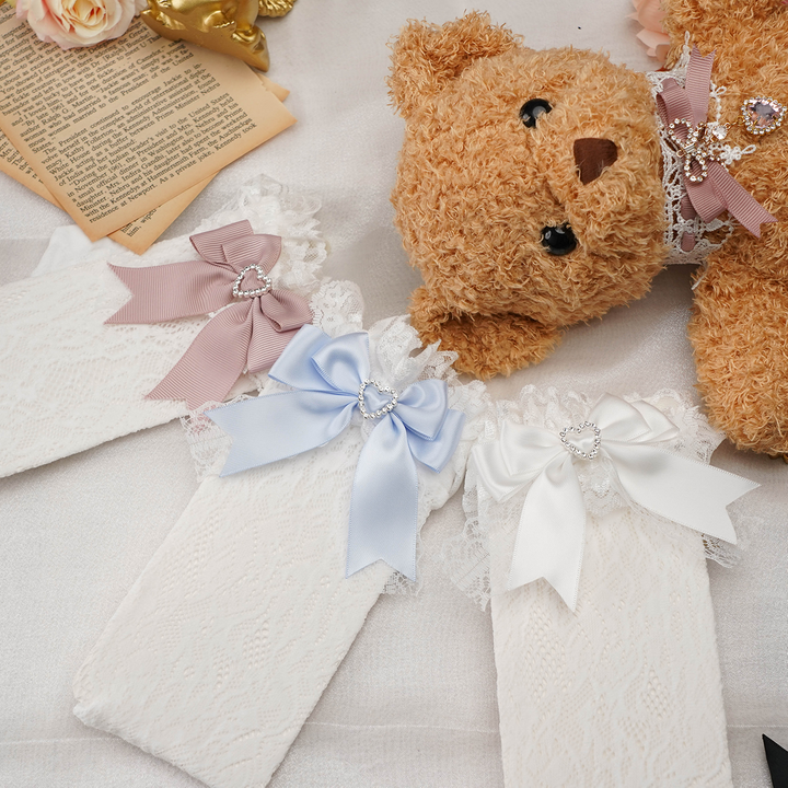 Jirai Kei Socks Kawaii Heart-Shaped Rhinestones and Bow Detail 21542:308636