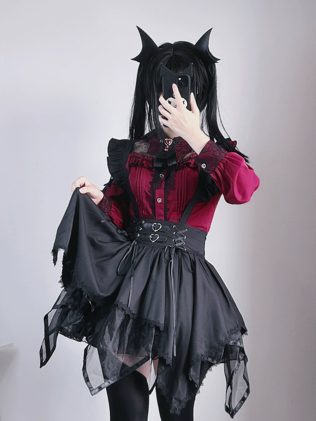 Jirai Kei Blouse Lace Bat Collar Burgundy And Black Shirt 39630:633408