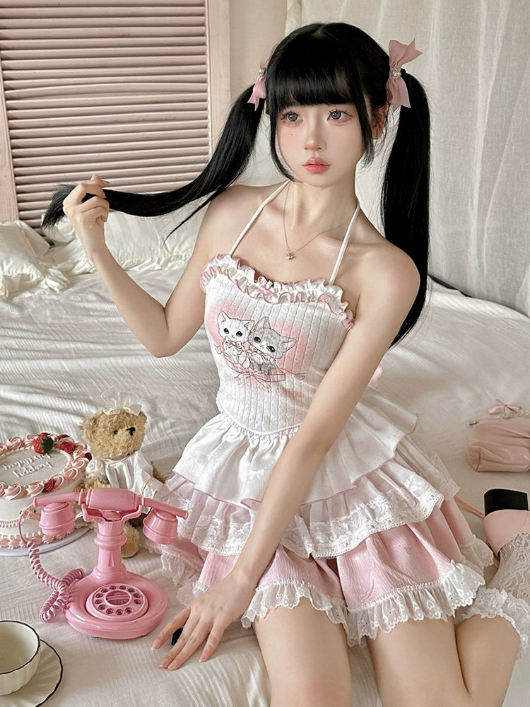 Ryousangata Skirt Set Pink Cardigan White Straps Top 37008:548378 37008:548378