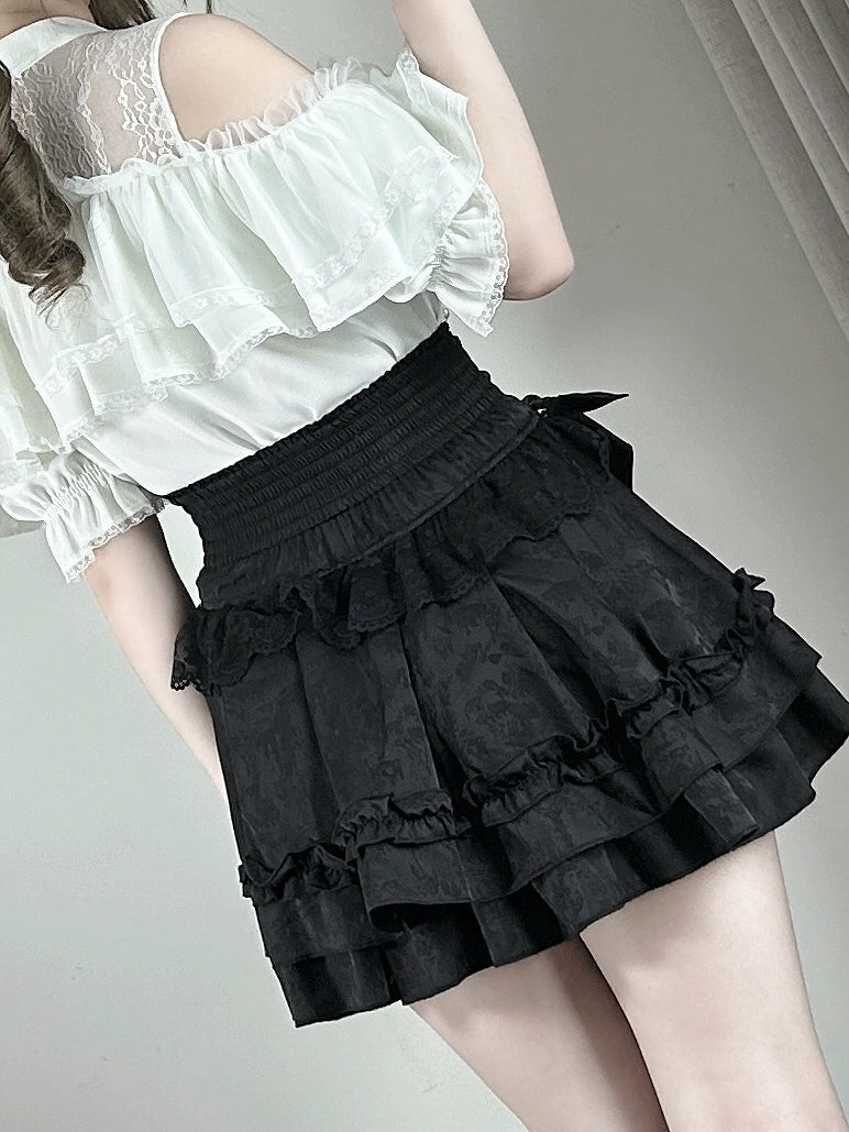 Jirai Kei Lace Skirt, Black Jacquard And Houndstooth Style 44163:801145