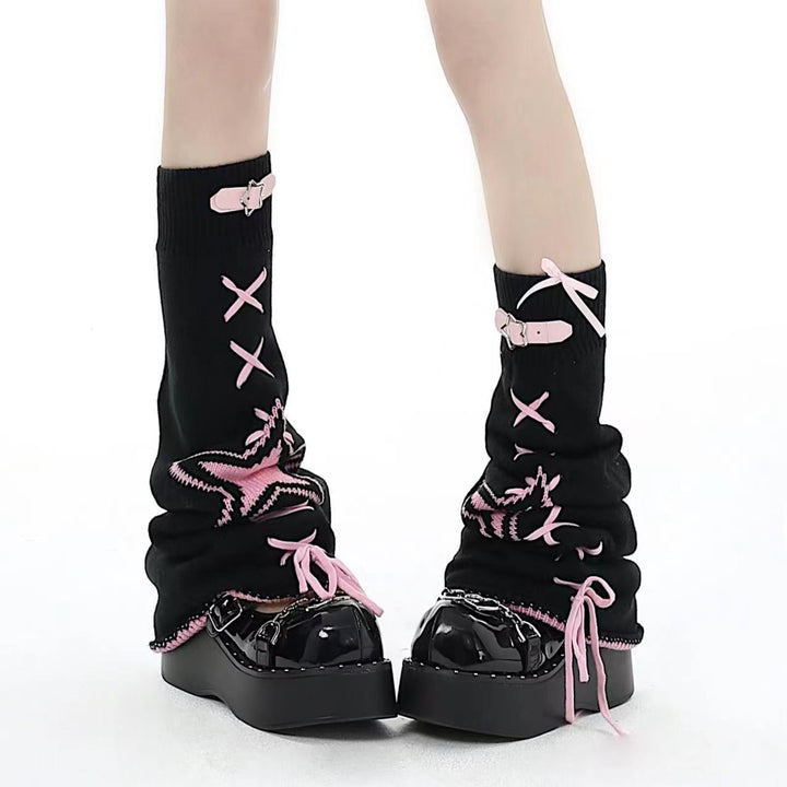 Kawaii Leg Warmmers Star Leather Buckle Socks Black White Pink 32458:423214 32458:423214