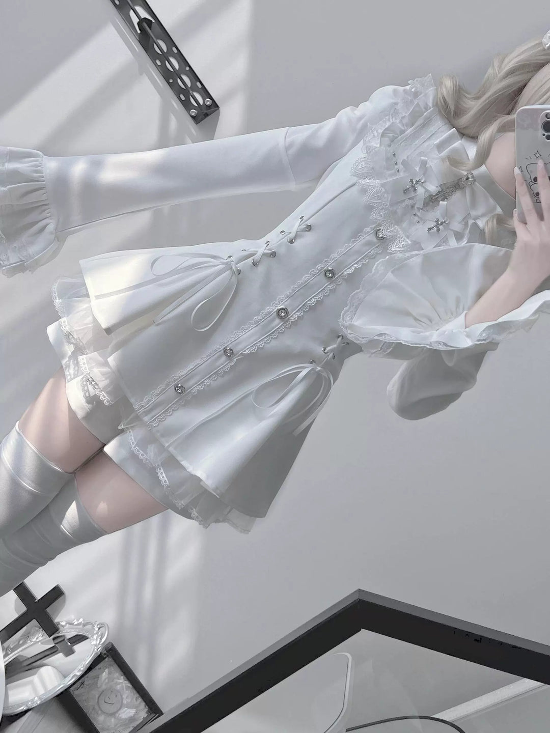 Jirai Kei Flared Sleeve Dress Set, Cross Accents 44369:807254