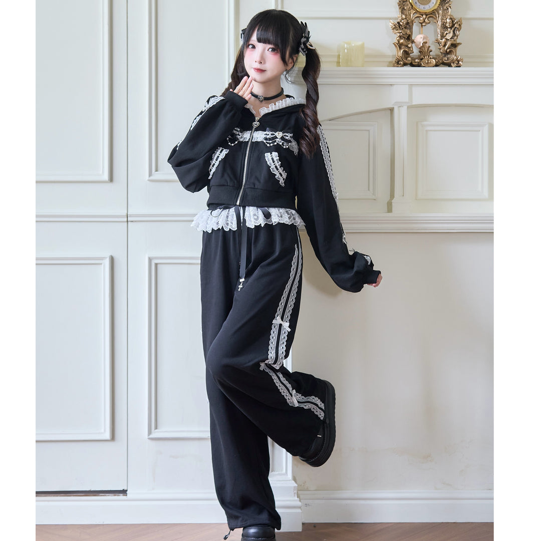 Sport Jirai Kei Hoodie Jacket Pants and Skirt with Lace Detail 42521:743638