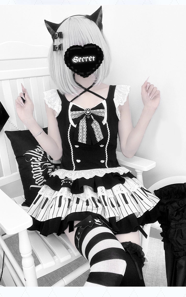 Halter Neck Kawaii Skirt Set, Cat and Piano Print 43577:780199