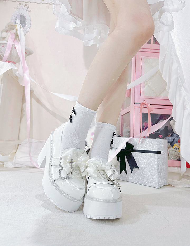 Jirai Kei Platform Shoes With Square Rhinestone and Cross Pendant 42228:734287