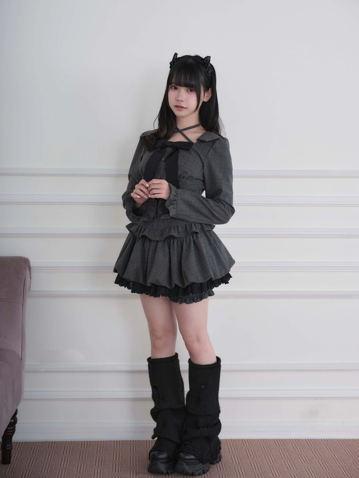 Ryousangata Plaid/Striped Dress & Shorts Set, Chest Big Bow 46031:873220