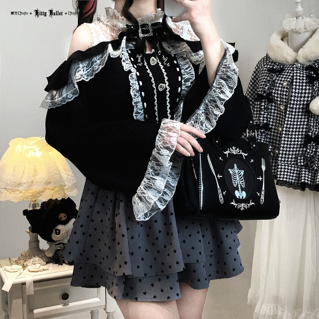 Lace Open-Shoulder Jirai Kei Blouse, Long Sleeves 44004:793101