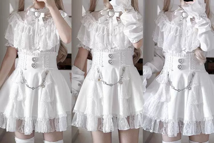 Jirai Kei Blouse with Layered Lace Cape & Detachable Sleeve 42860:755732