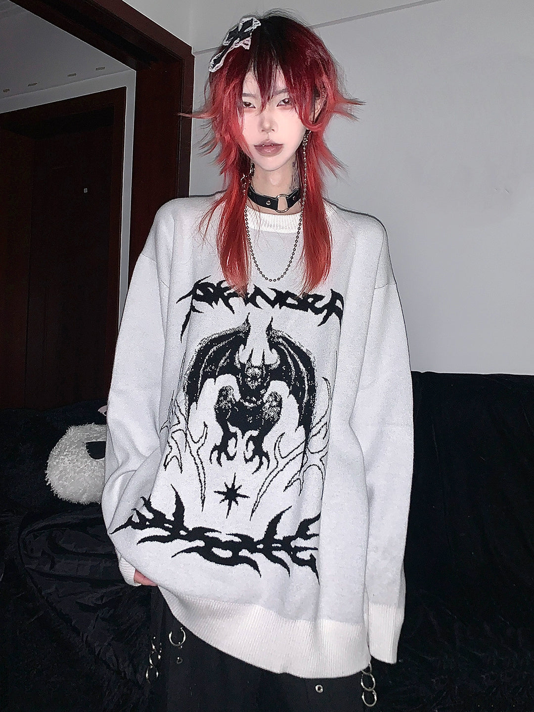 Punk Sweater White Bat Embroidered Sweater 39788:640172