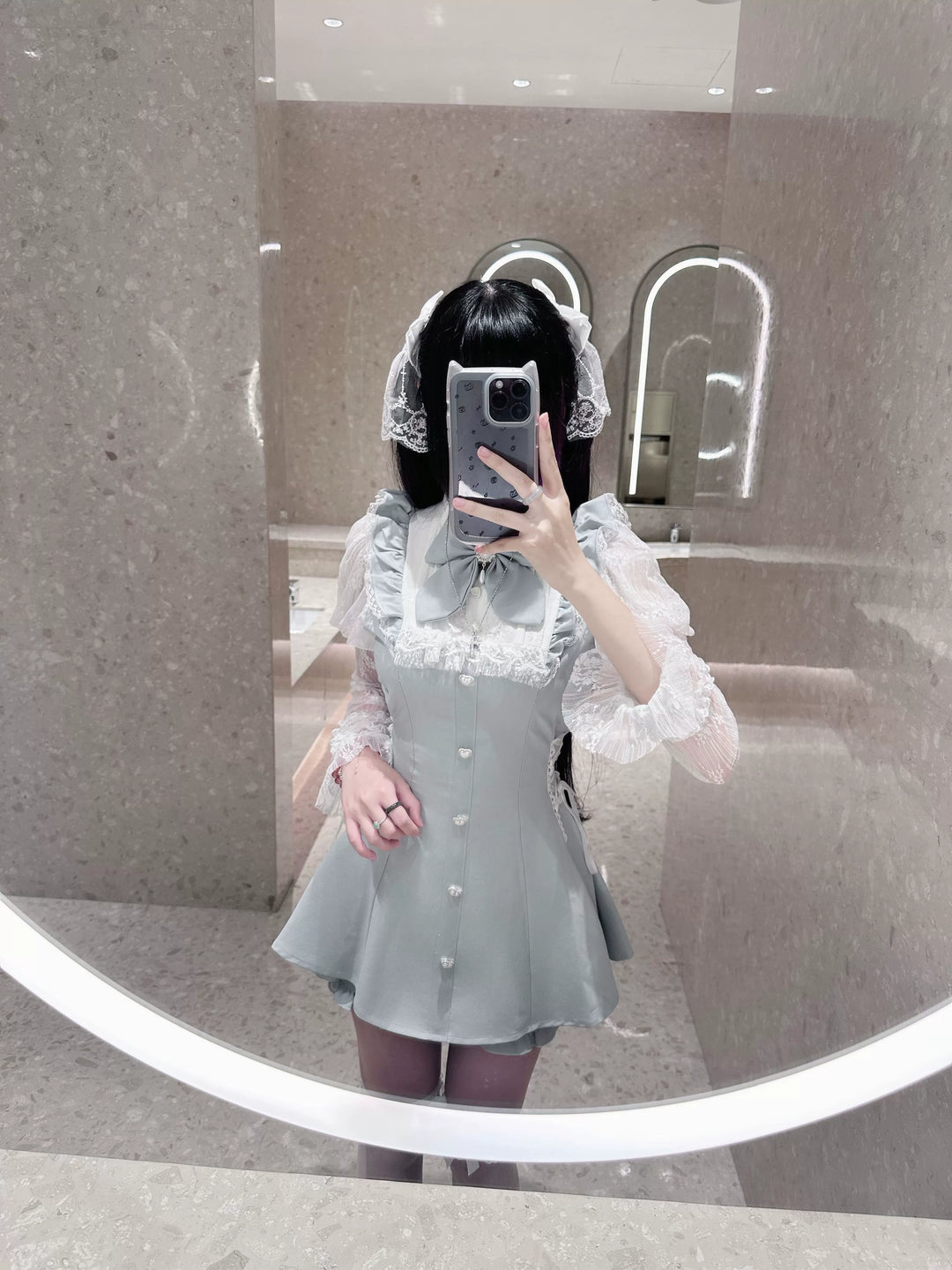 Lace Julie Sleeve Jirai Kei Dress, Elastic Waisted Shorts, Pocket 43578:780330