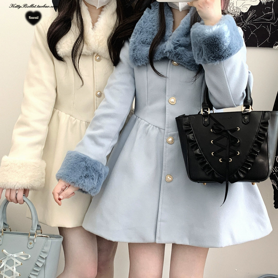 Jirai Kei Coat Detachable Fur Collar Dress Wool-like Jacket 40416:667670