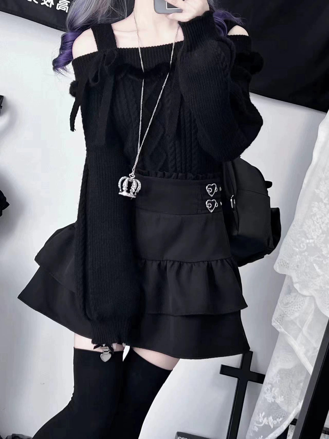 Jirai Kei Sweater Off-Shoulder Knot Bow Sweater (L M / Black) 39722:634242