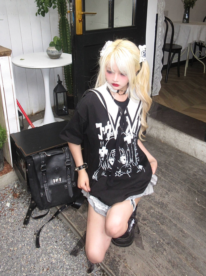 Jirai Kei Blouse Anime Top Sailor Collar Short Sleeve Top 36586:558624