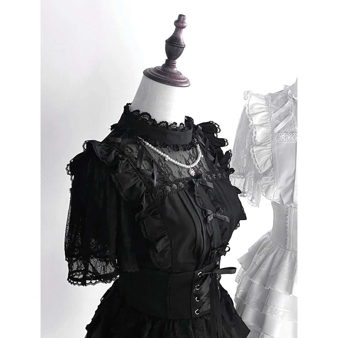 Jirai Kei Pearl Necklace Blouse, Lace-up Cake Skirt Set (L M S) 43019:762192