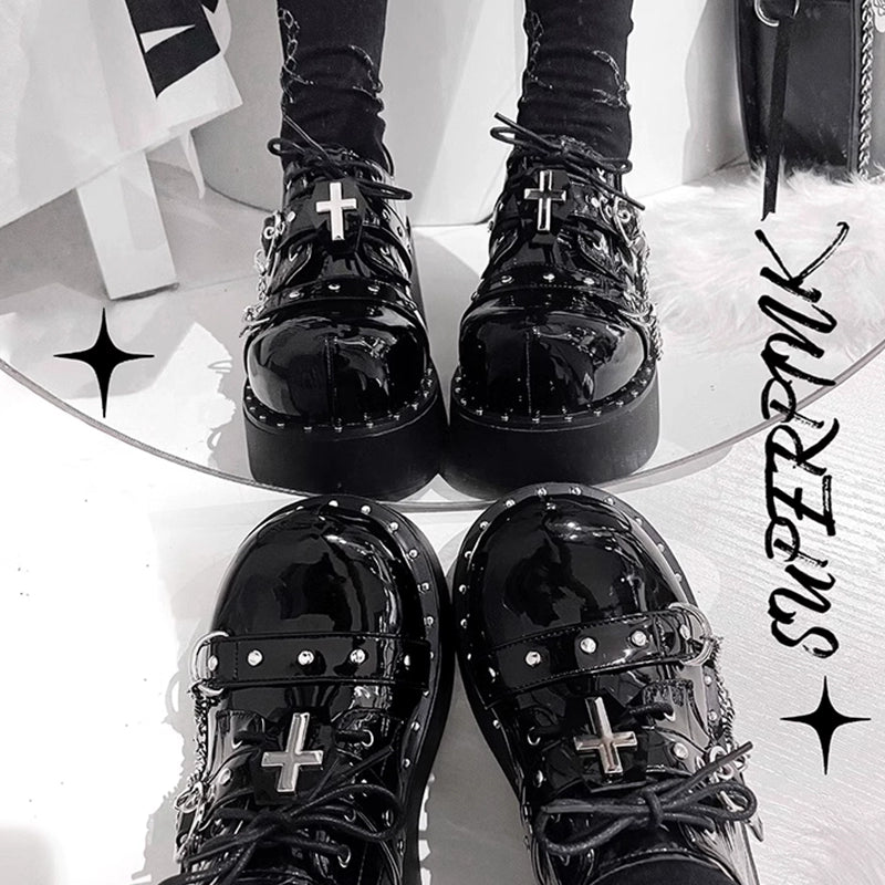 Punk Platform Shoes Round Toe Spice Girl Shoes Metal Crosses 38050:596246