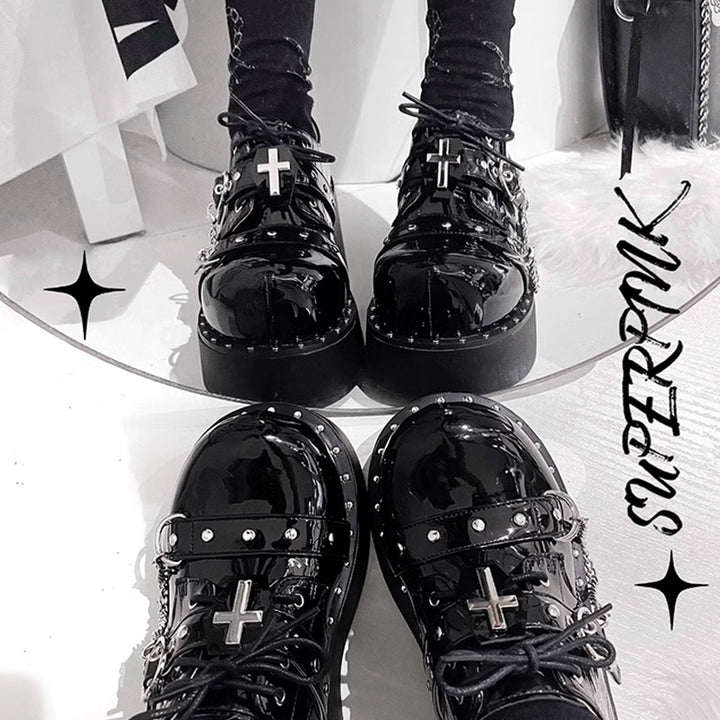 Punk Platform Shoes Round Toe Spice Girl Shoes Metal Crosses 38050:596246