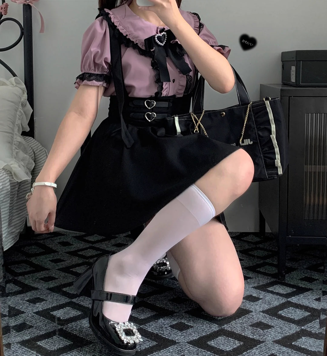 Jirai Kei Shirt Sweet Lace Blouse Short Sleeve Peter Pan Collar 35260:536032 35260:536032