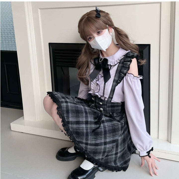 Jirai Kei Set Purple Open-Shoulder Blouse Plaid Suspender Skirt Set 33830:440706