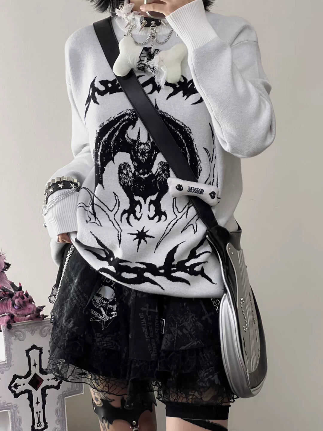 Punk Sweater White Bat Embroidered Sweater 39788:640160