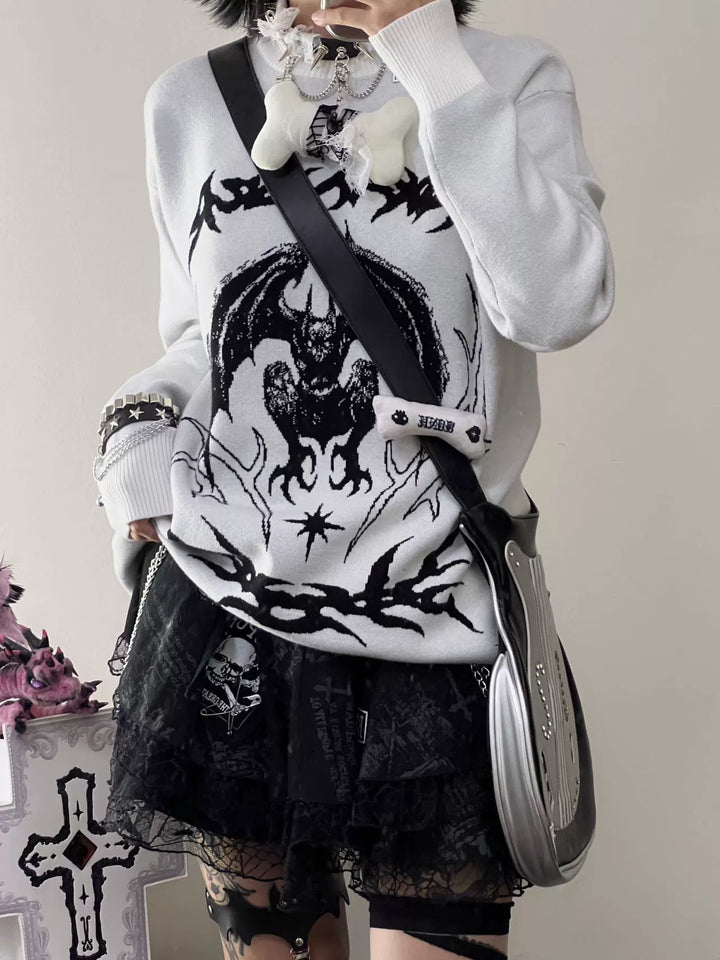 Punk Sweater White Bat Embroidered Sweater 39788:640160