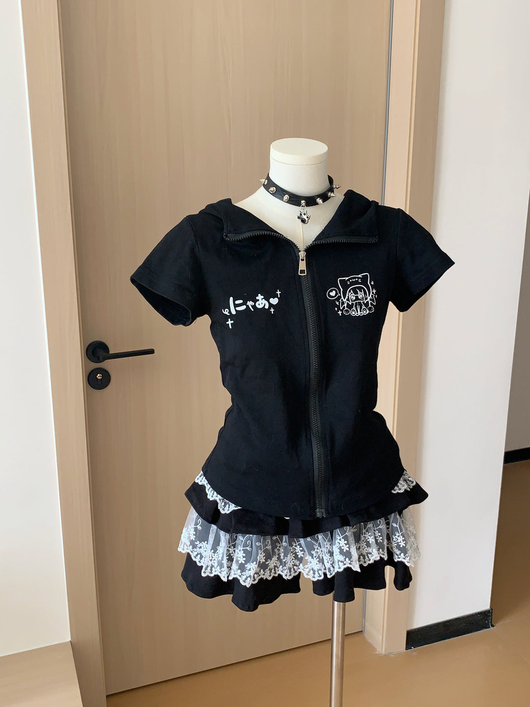 Kawaii Lace Cake Skirt with Sporty Zip-Up & Triple Ruffles 42702:749855