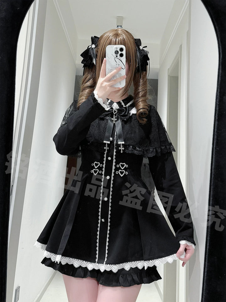 Striped Jirai Kei Dress, Black Lace Shawl 44786:827932