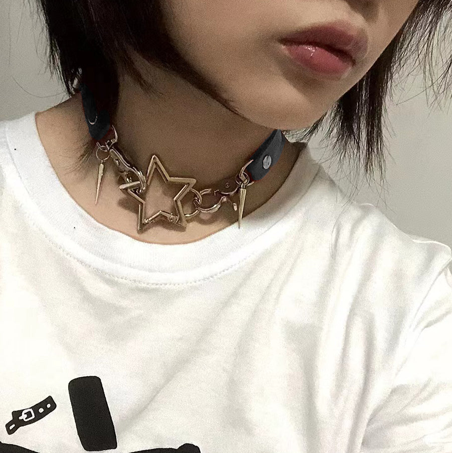 Jirai Kei Necklace Metallic Bone Star Pendant PU Punk Choker 42684:749338