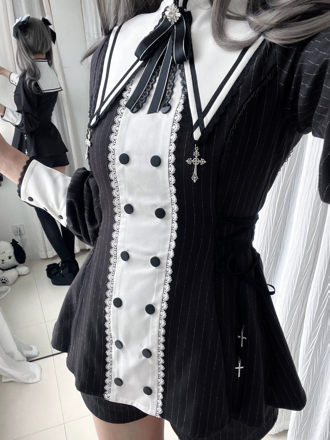 Striped Jirai Kei Set Up, Detachable Collar, Long/Short Sleeve Styles 43401:775823