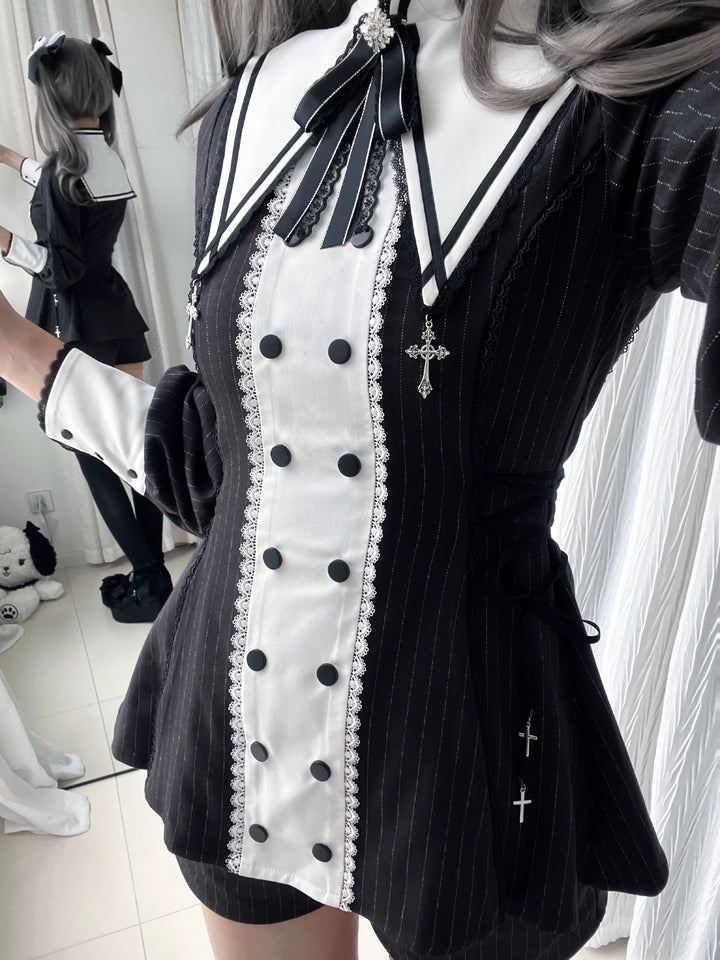 Striped Jirai Kei Set Up, Detachable Collar, Long/Short Sleeve Styles 43401:775823
