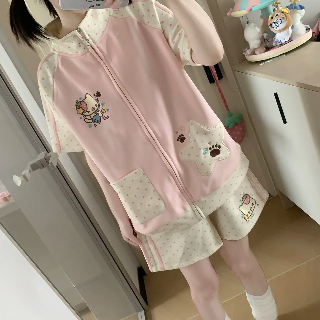 Kawaii Jacket and Shorts Set, Star & Cat Embroidery (L M S) 45640:857455