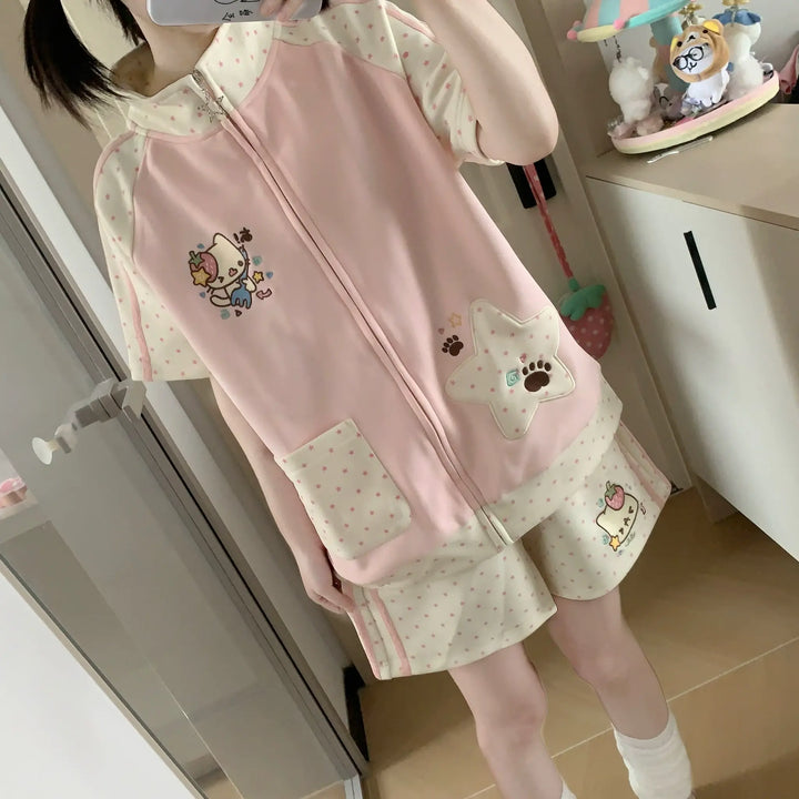 Kawaii Jacket and Shorts Set, Star & Cat Embroidery (L M S) 45640:857455