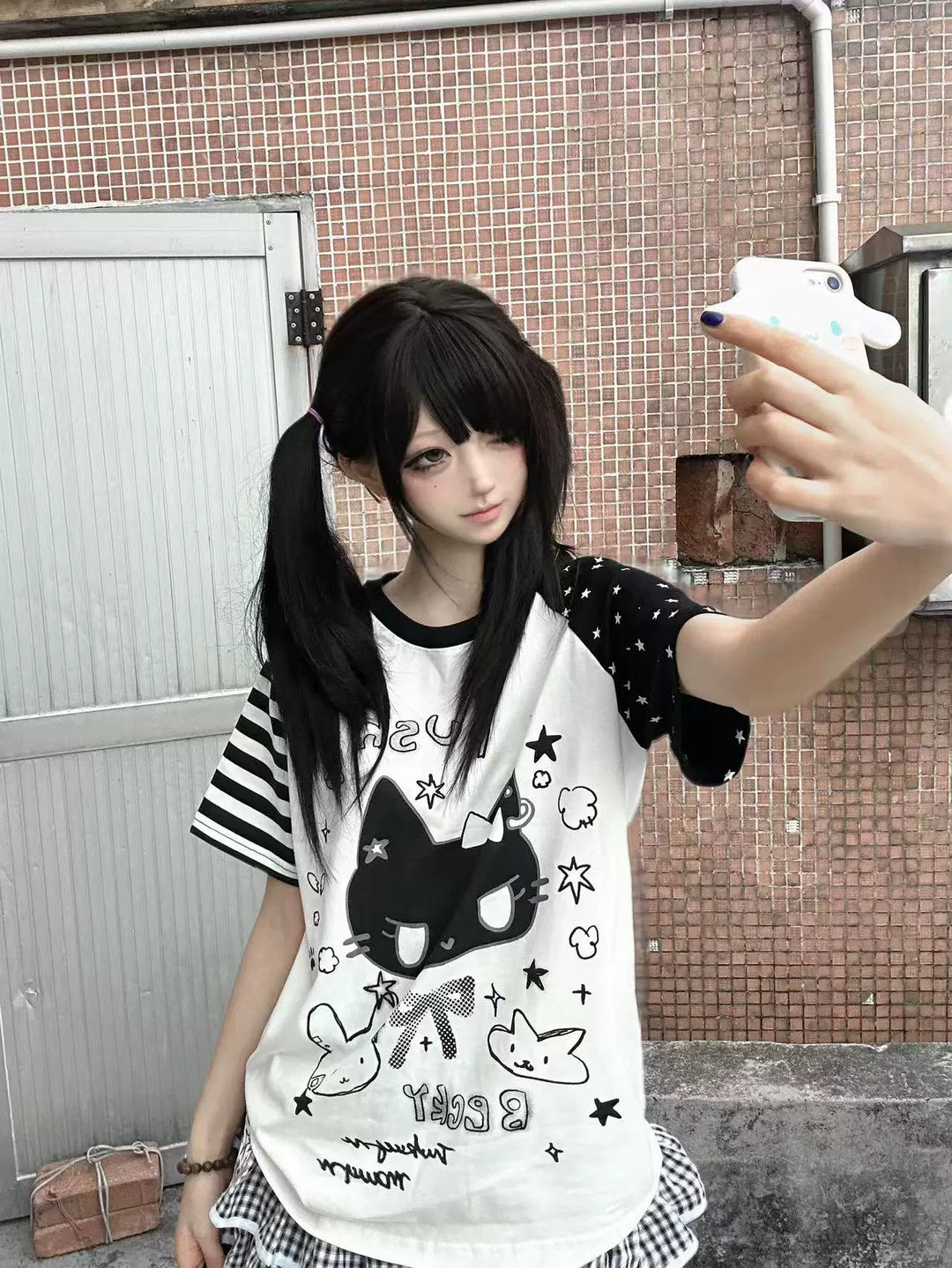 Kawaii Otaku Anime Cat Print Cotton Shirt Black & White 42851:755328
