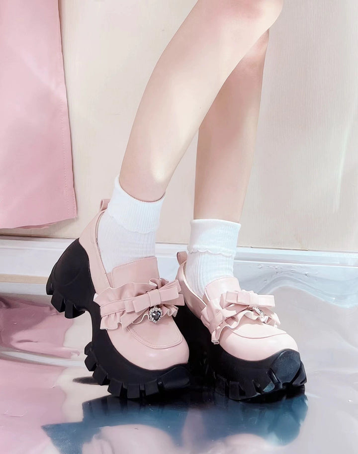 JK Uniform Pink Black Platform Shoes With Bow Ties 21892:331936