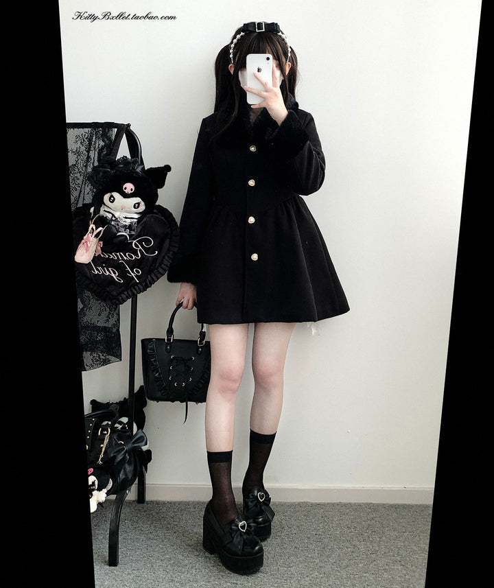 Jirai Kei Coat Detachable Fur Collar Dress Wool-like Jacket 40416:667668