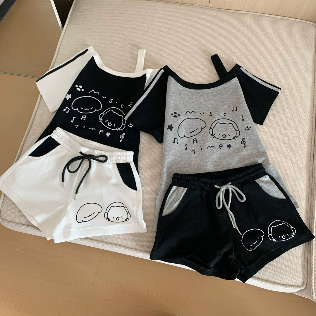 Kawaii Summer Music Time Printed T-shirt, Shorts With Pockets (L M S) 42904:757296