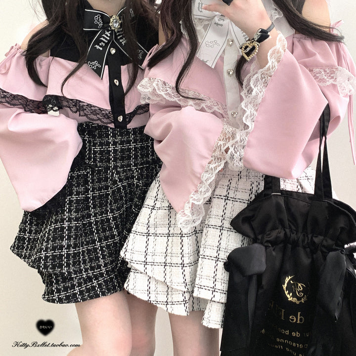 Open Shoulder Jirai Kei Blouse with Lace Trim & Princess Sleeves 42618:747008
