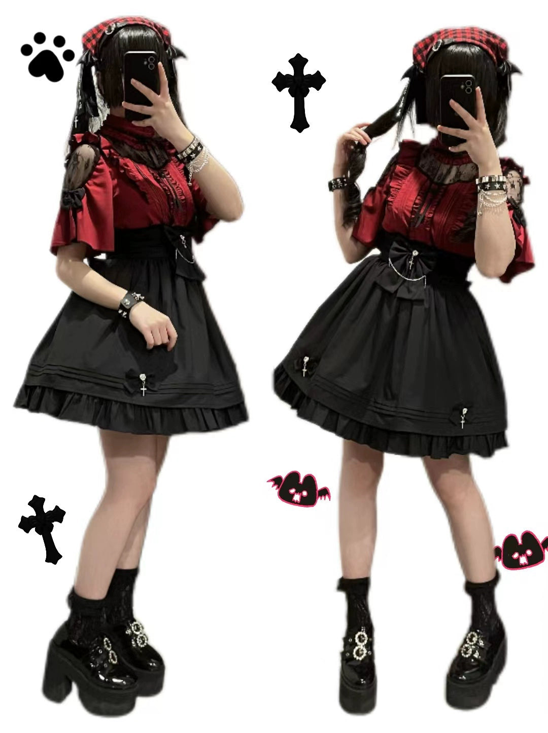 Lace Shoulder Jirai Kei Blouse + High Waist Skirt, Cross Pendant 35596:538248