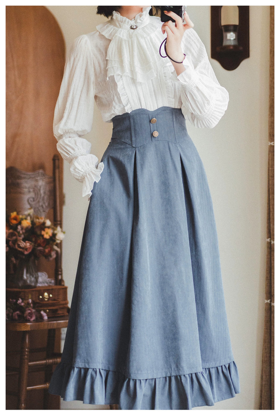 Classic Lolita A-Line Skirt + Button-Front Vest + White Blouse 40944:770400