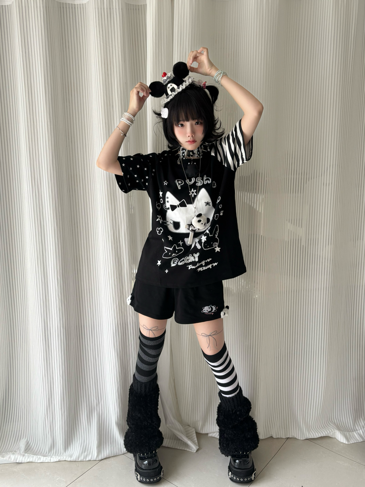 Kawaii Otaku Anime Cat Print Cotton Shirt Black & White 42851:755339