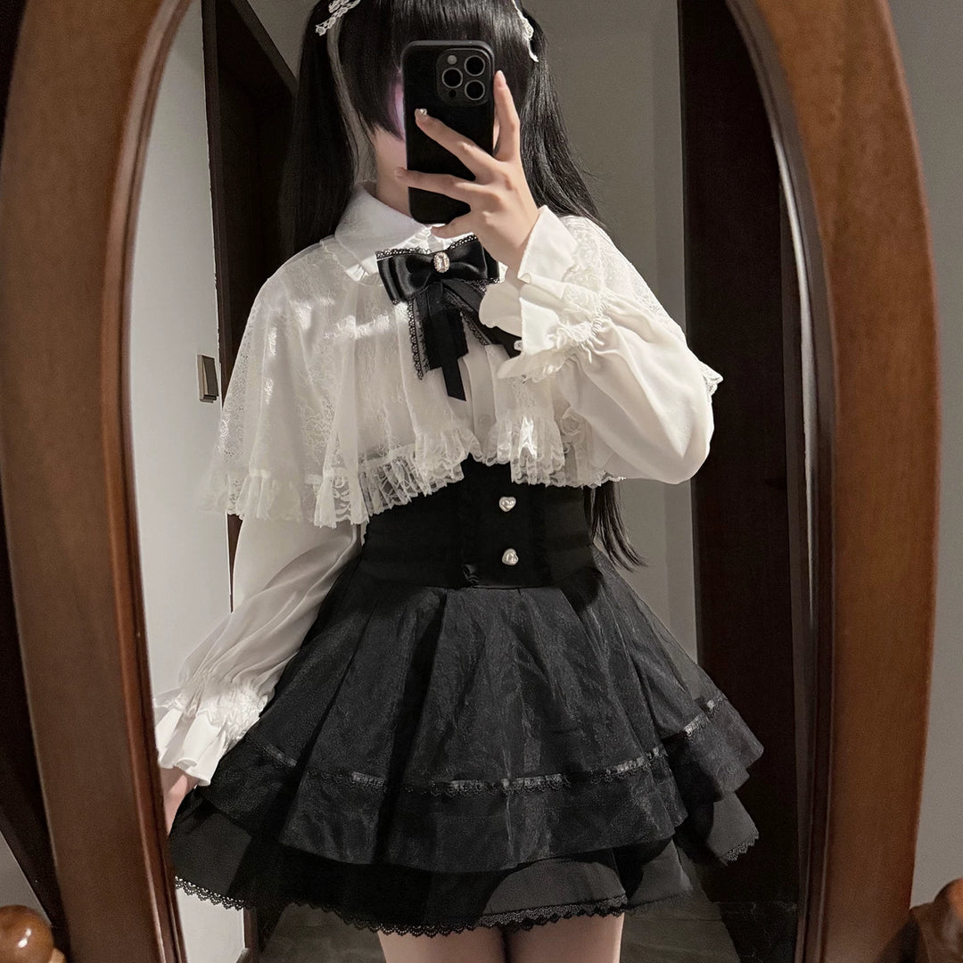 Jirai Kei Winter Cape, Lace Blouse, High-Waist Skirt (2XL 3XL 4XL L M S XL / 2XL 3XL 4XL L M S XL) 44199:808475