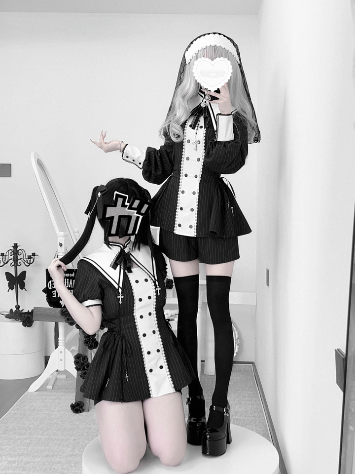 Striped Jirai Kei Set Up, Detachable Collar, Long/Short Sleeve Styles 43401:775799