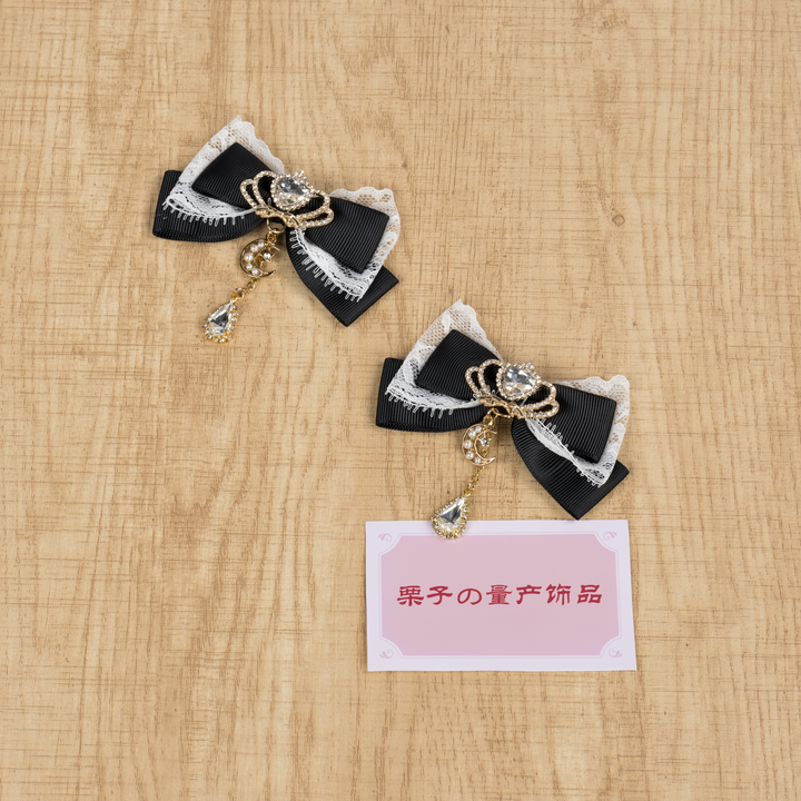 Jirai Kei Bow Hair Clips, Rhinestone Crown and Pearl Chain 44194:802720