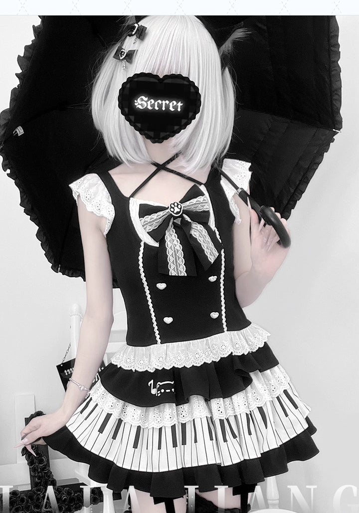 Halter Neck Kawaii Skirt Set, Cat and Piano Print 43577:780196