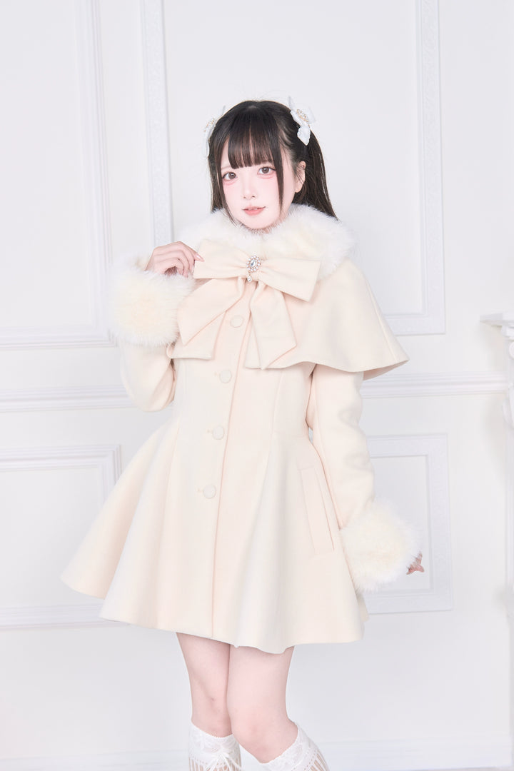 Jirai Kei Winter Coat, Faux Fur Trim, Detachable Cape (M S) 44066:794457