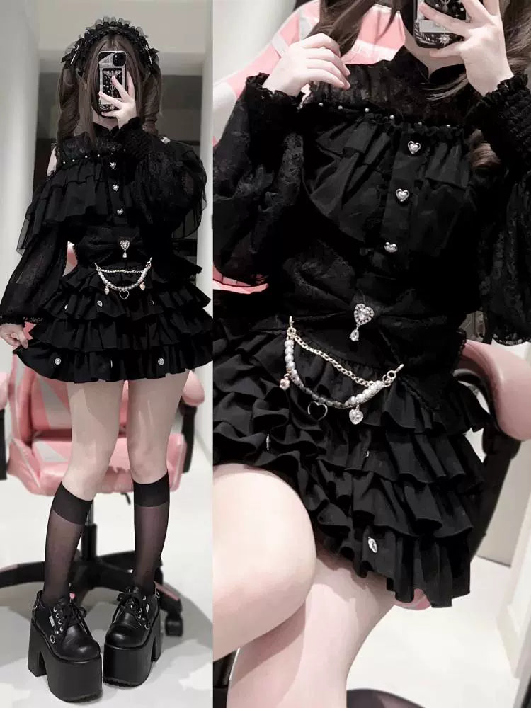 Black Jirai Kei Skirt, Removable Accessories in Two Styles 43240:772213